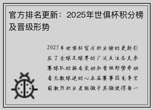 官方排名更新：2025年世俱杯积分榜及晋级形势